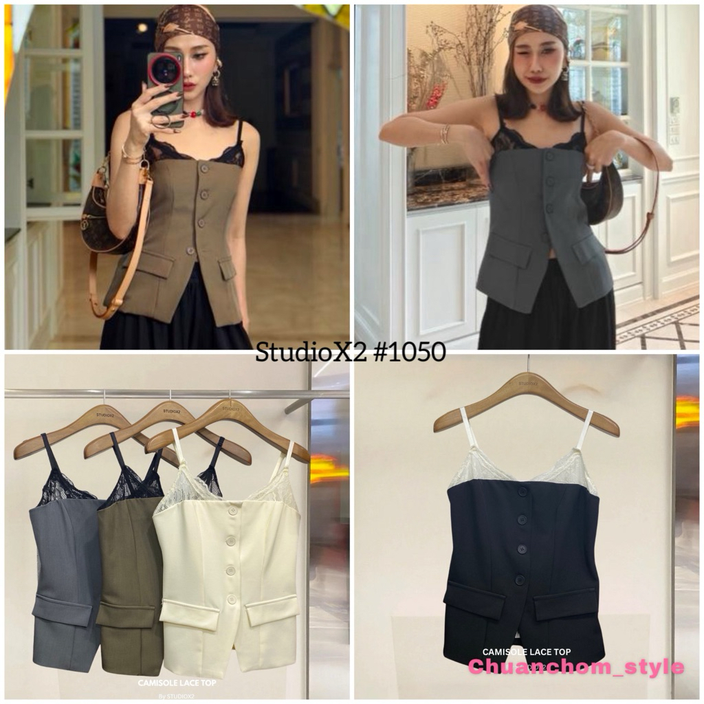 🟣1050 STUDIOX2 # เสื้อ ทรงแบบเกาะอก แต่แต่งมีสายเดี่ยวลูกไม้ปรับได้ ด้ายหลังมียางหลังใส่สบาย กระชับเก็บทรงสวย