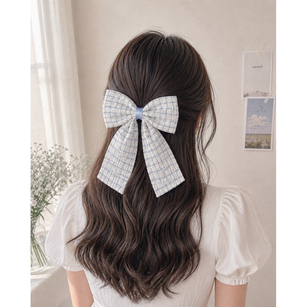 CuteShopz กิ๊บโบว์ผ้าทวิตสำหรับติดผม(ลายตารางสีฟ้าขาว)