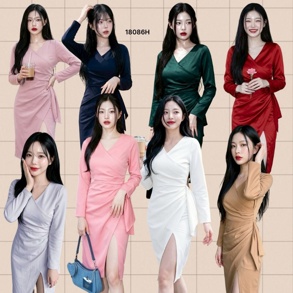 TwinsShopVip พร้อมส่ง TW18086 เดรสแขนยาว สีพื้น แต่งจีบ ผ่าหน้า .. – โปรปัง