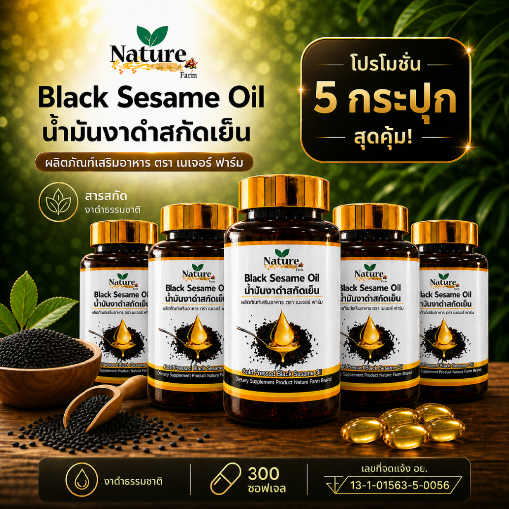 โปรพิเศษ คุ้มกว่า น้ำมันงาดำสกัดเย็น 5 กระปุก (รวม 300 แคปซูล) ส่งฟรี