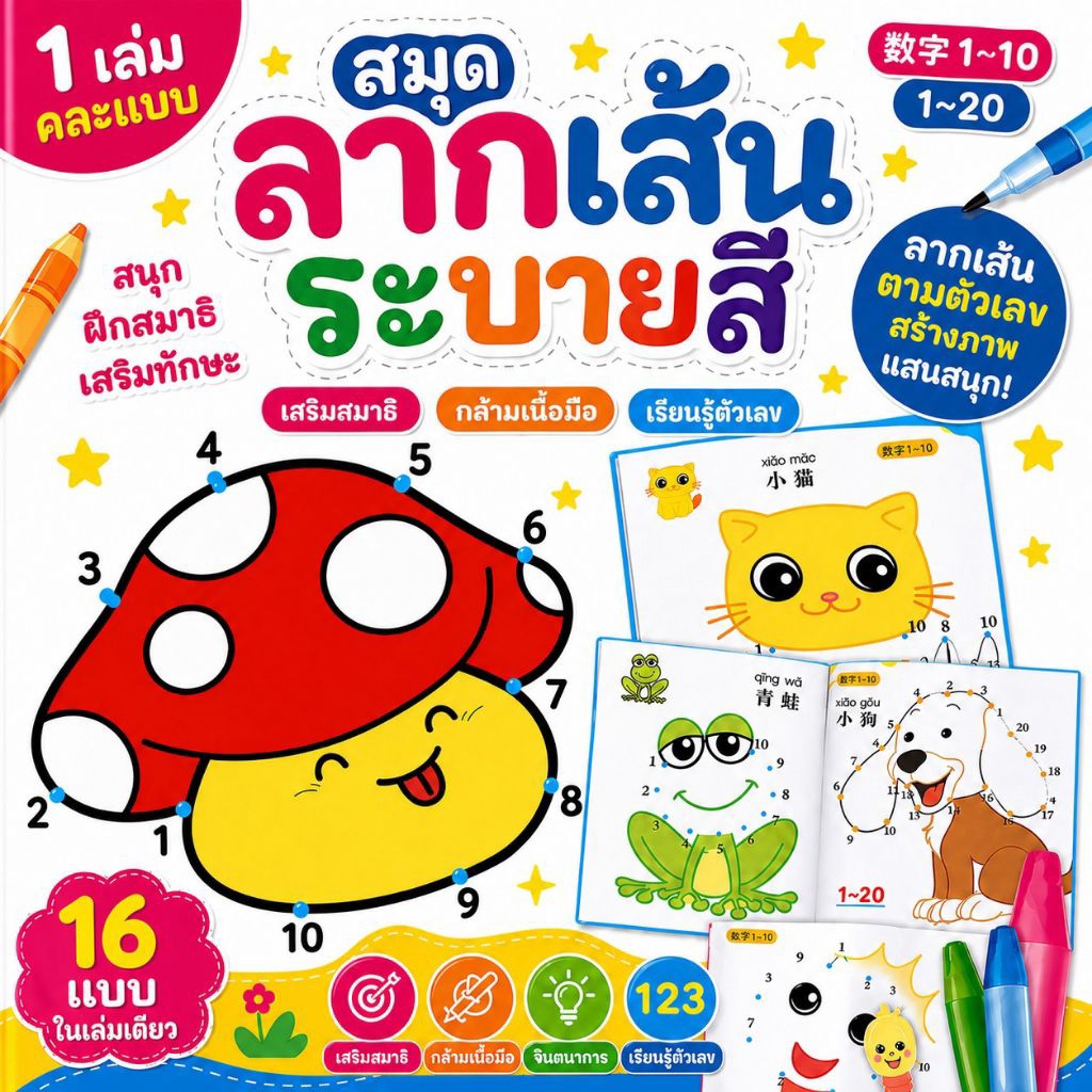 สมุดลากเส้น สมุดระบายสีเด็ก สมุดวาดรูป วาดภาพระบายสี สมุดระบายสี นับเลข ท่อง ABC เสริมพัฒนาการเด็ก ร