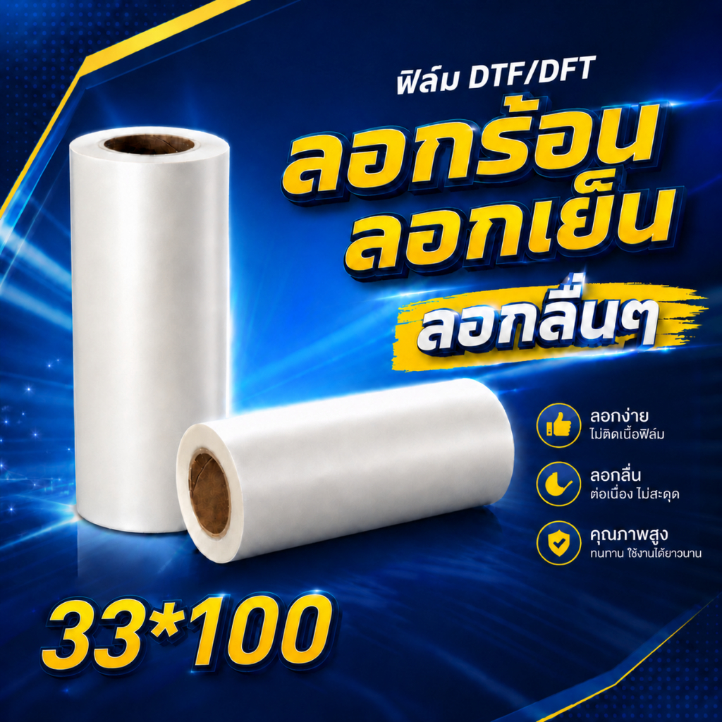 ฟิล์ม หน้า 33x100 ลอกร้อนลอกเย็นได้ PET FILM DFT/DTF สำหรับงาน ฟิล์มทรานเฟอร์ สต๊อกสินค้าร้าน บีเค สกรีนเสื้อ