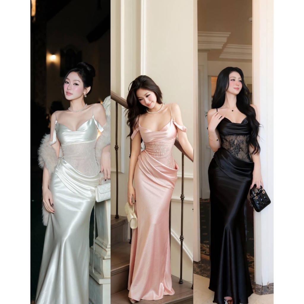 TBB Brand: Sweet night Lace+Satin premium dress เดรสผ้าซาตินดีไซต์ต่อผ้าลูกไม้