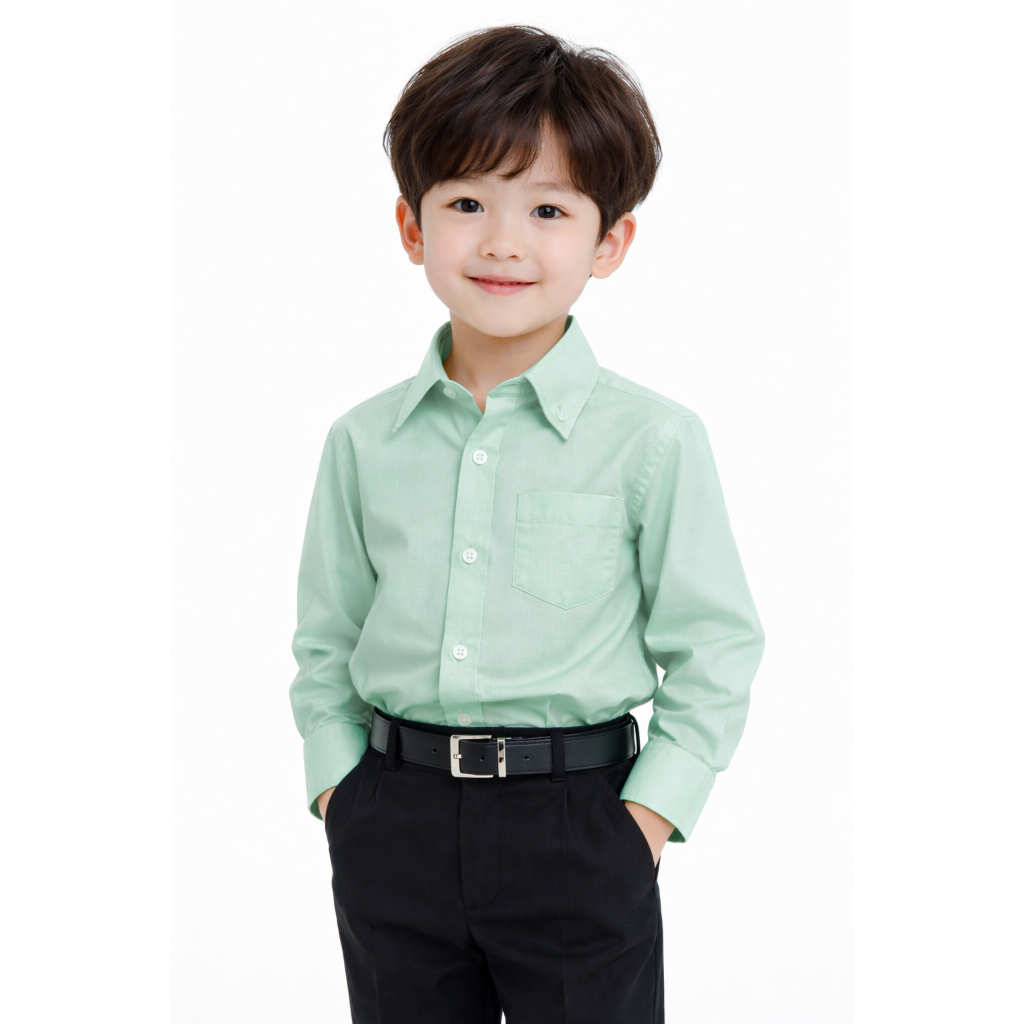 [แถมโบว์หูกระต่าย ฟรี!] เสื้อเชิ้ตเด็กสีเขียวใบไม้ แขนยาว ใส่ออกงานได้  BO0663
