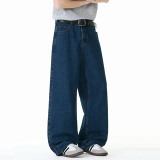 Baggy S-5XL กางเกงยีนส์ขายาวทรงตรงสีน้ำเงินเข้มแบบดิบๆ สำหรับผู้ชาย สวมใส่ได้หลายโอกาส
