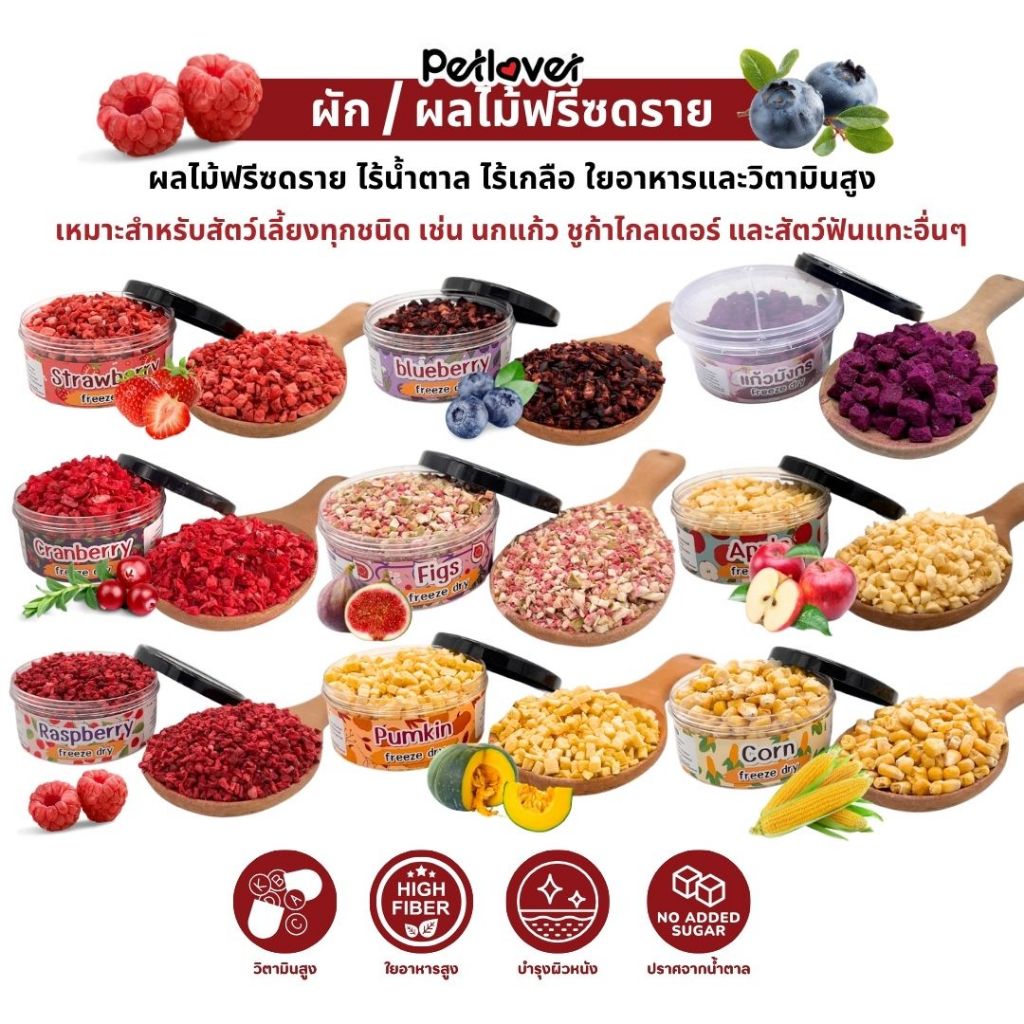 ผัก ผลไม้ ฟรีซดราย ไร้น้ำตาล ไร้เกลือ อาหารนกแก้ว และสัตว์ฟันแทะทุกชนิด (กระปุก 10G / 20G)