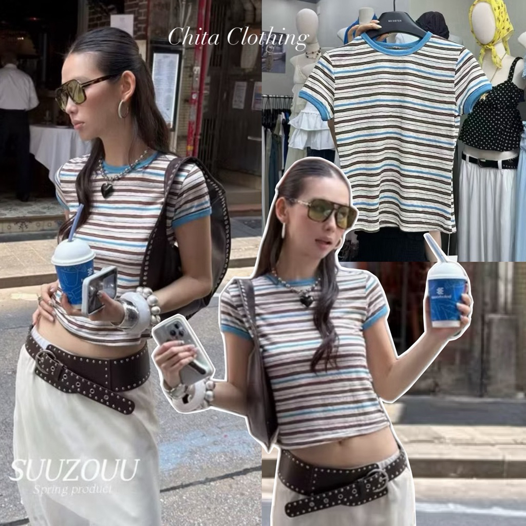 📍พร้อมส่ง📍#SU208🇰🇷เสื้อคอกลมแขนสั้น ลายขวางโทนน้ำตาล ตัดขอบสีฟ้า งานสวย Tag MMfish🇰🇷