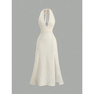 Daily Dress Halter Dress Set สีเหลือง/ขาว ผูกหลัง ดีเทลโบว์ยาว ผ้ายืด ใส่สบาย | พร้อมส่งในไทย