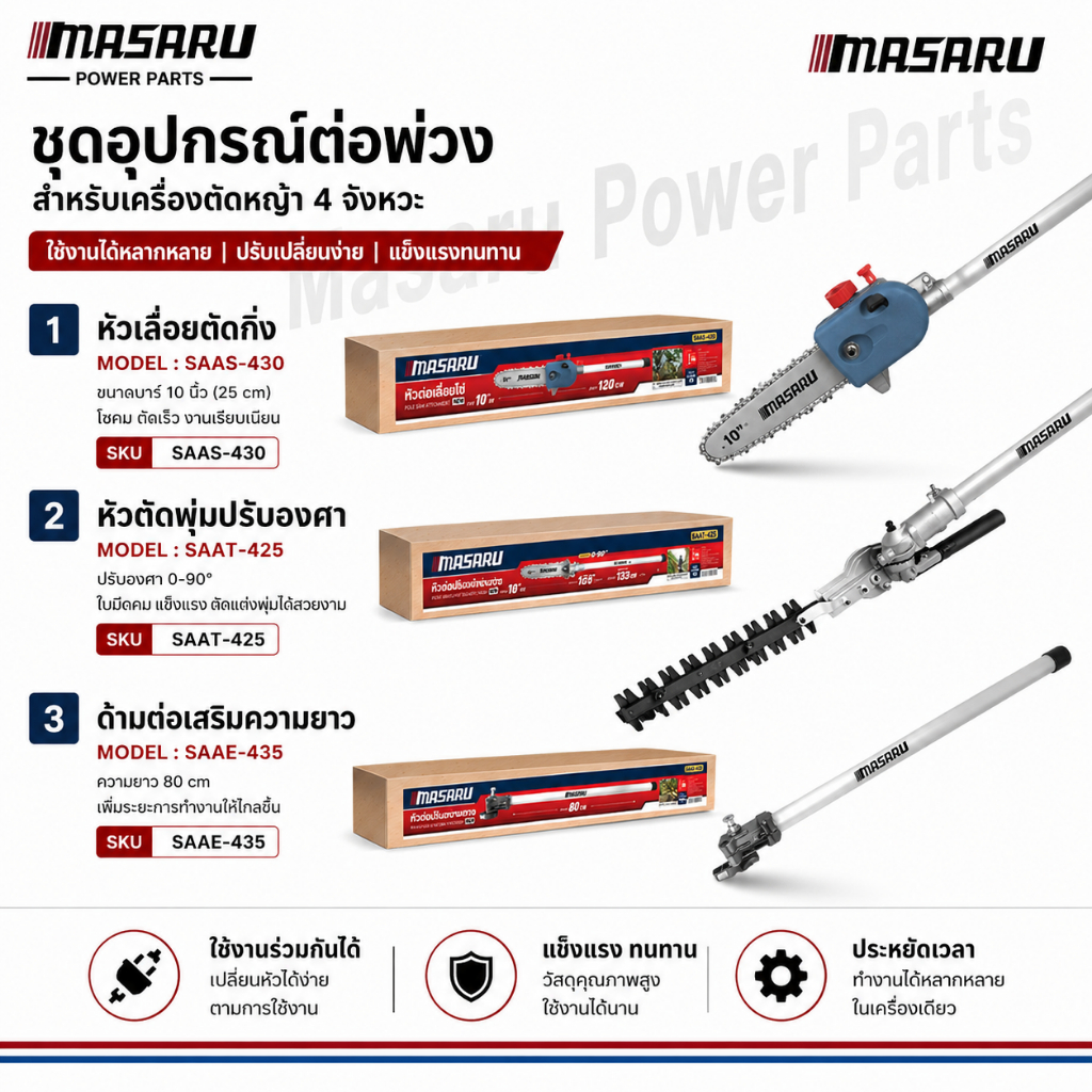 MASARU หัวต่อเครื่องตัดหญ้า SAAS-430 SAAT-425 SAAE-435 หัวตัดแต่งพุ่ม หัวเลื่อยโซ่
