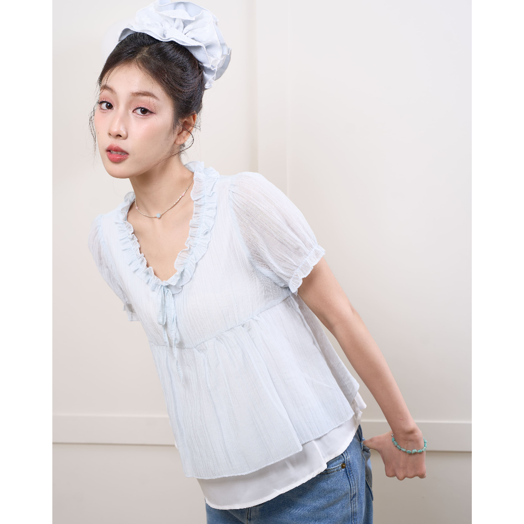 Pradap_brand:Pastal Frill Top เสื้อระบายคอหวาน ลุคลูกคุณหนู