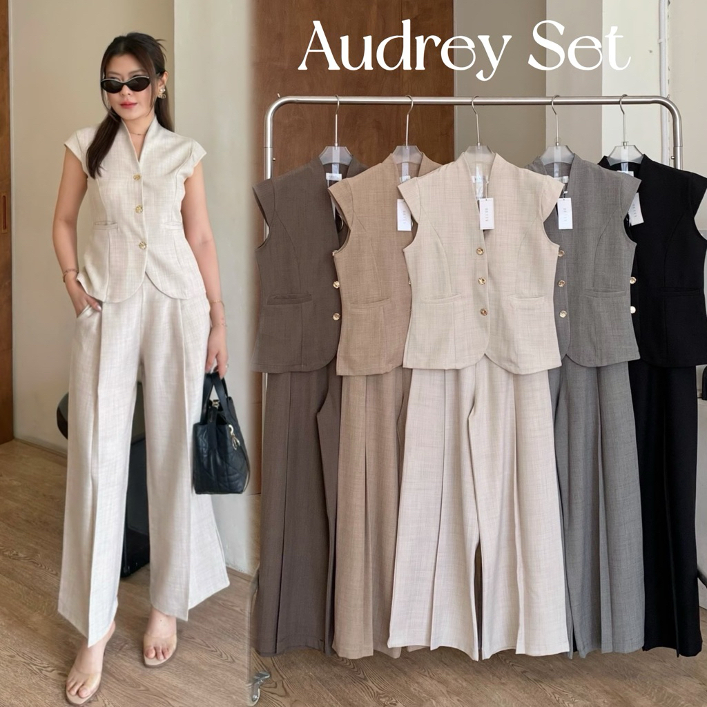 💕Audrey Set พร้อมส่ง(ส่งด่วน)เสื้อทรงคอปีนแขนปีน ติดกระดุมหน้า กระเป๋าใช้งานได้จริง ด้านหลังมีเข็มขัดรัดเก็บทรงสม็อคหลัง