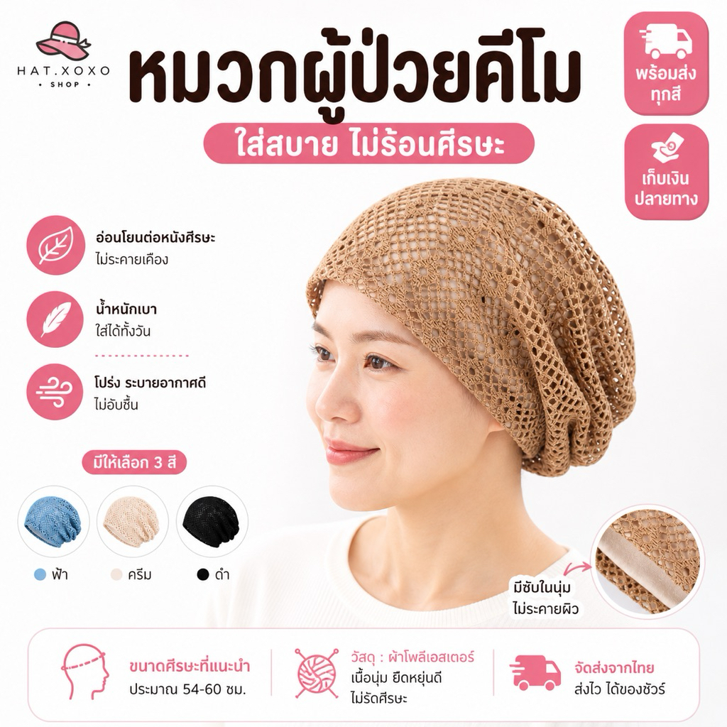 [รุ่นใหม่] หมวกคีโม หมวกสำหรับผู้ป่วยคีโม เคมี บำบัด ผู้ป่วยมะเร็ง สำหรับคีโม