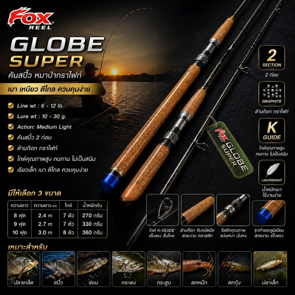[ ของแท้ ]  คันสปิ๋ว หมาป่ากราไฟท์ FOX REEL GLOBE SUPER โกลบ ซุปเปอร์ Line wt 6-12 lb ลาย X-Cross Sp