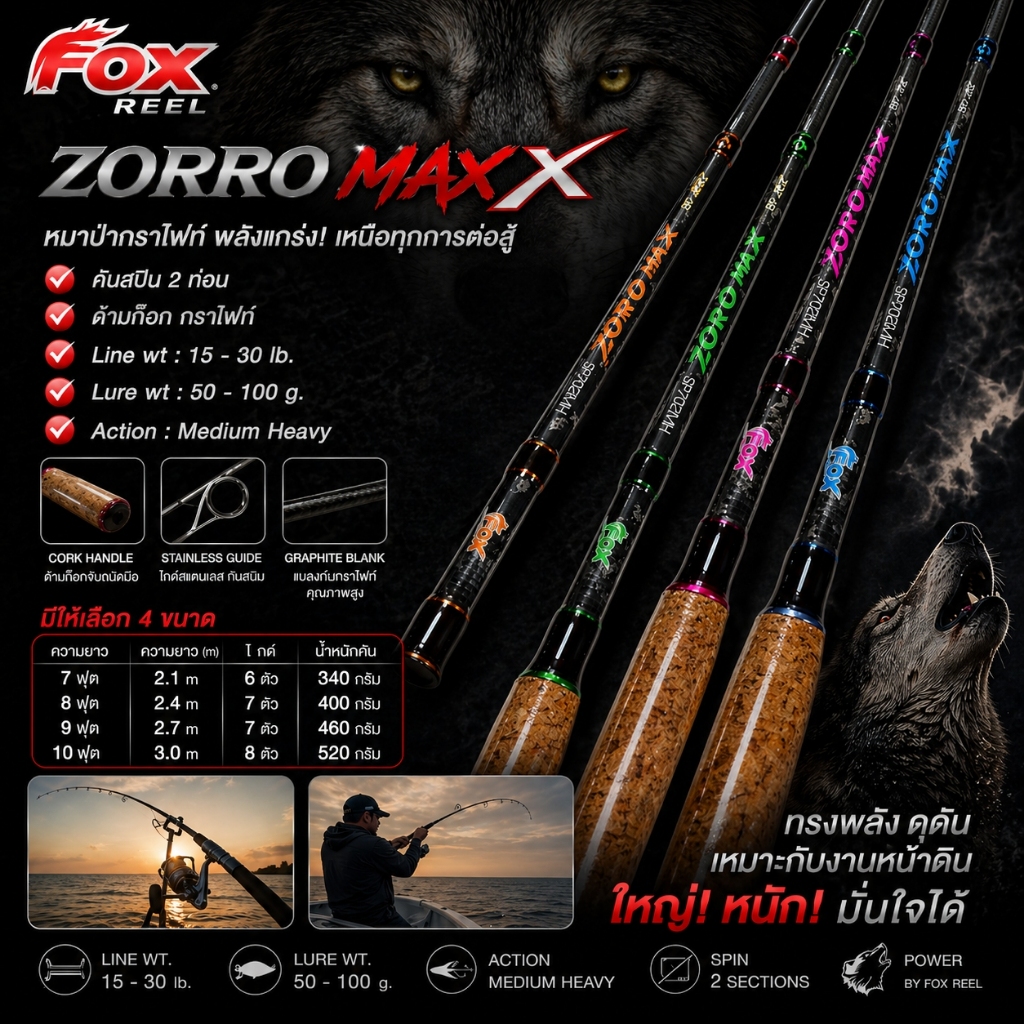 [ ของแท้ ]  คันหน้าดิน หมาป่ากราไฟท์ FOX REEL ZORRO MAX X ซอร์โรแม็กซ์ เอ็กซ์ Line wt 15-30 lb X Cross Spinning