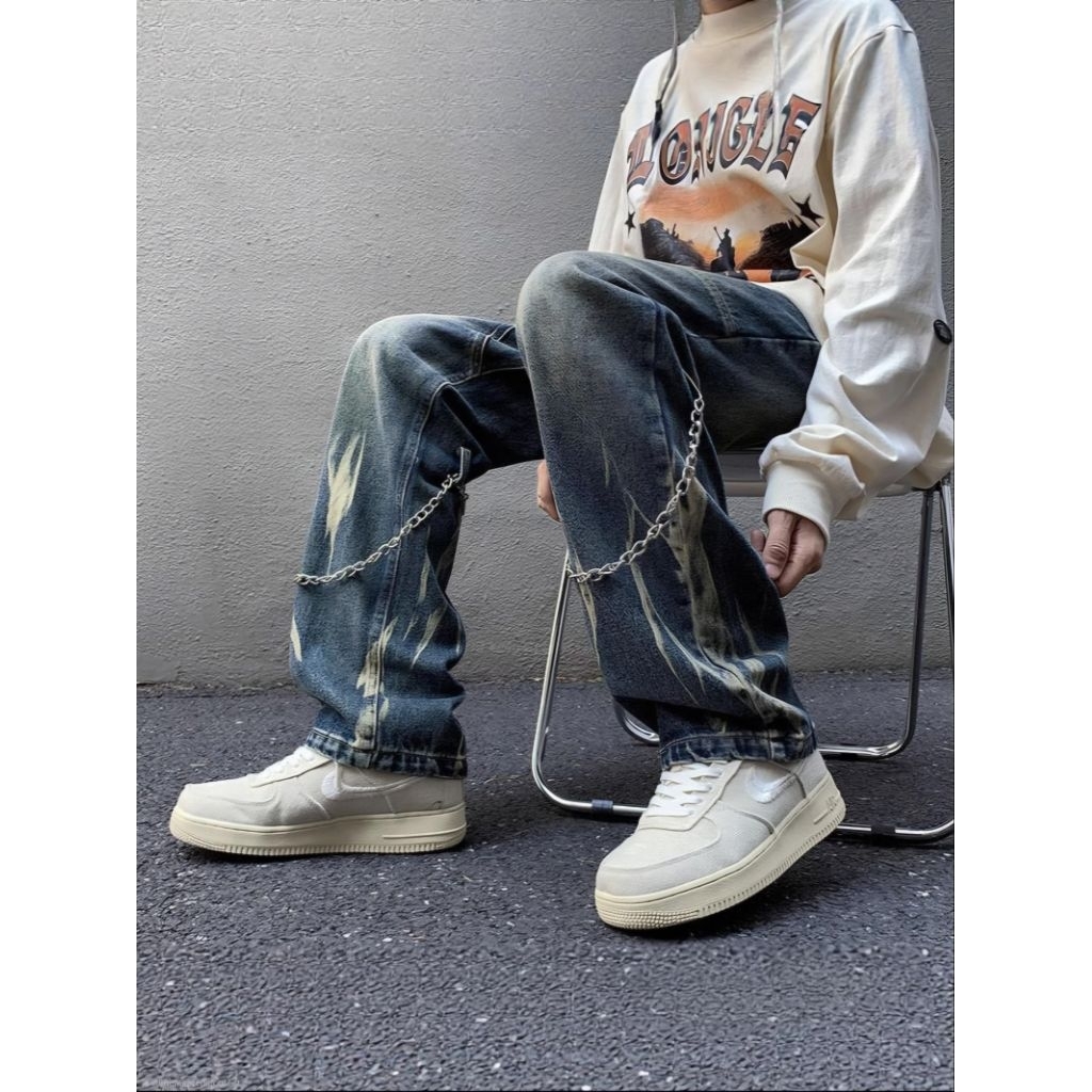 Streetwear กางเกงยีน Baggy ฟอก คล้องโซ่