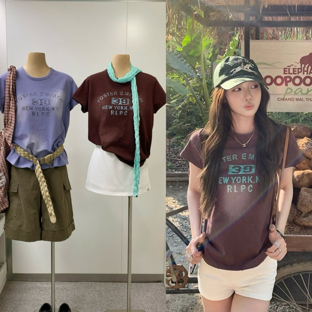 9444# เสื้อยืดคอกลมแขนสั้นผ้าฟอก สกรีนลายหน้า-หลัง เนื้อผ้าดี ใส่สบาย  TAG:WG.WE 🇰🇷