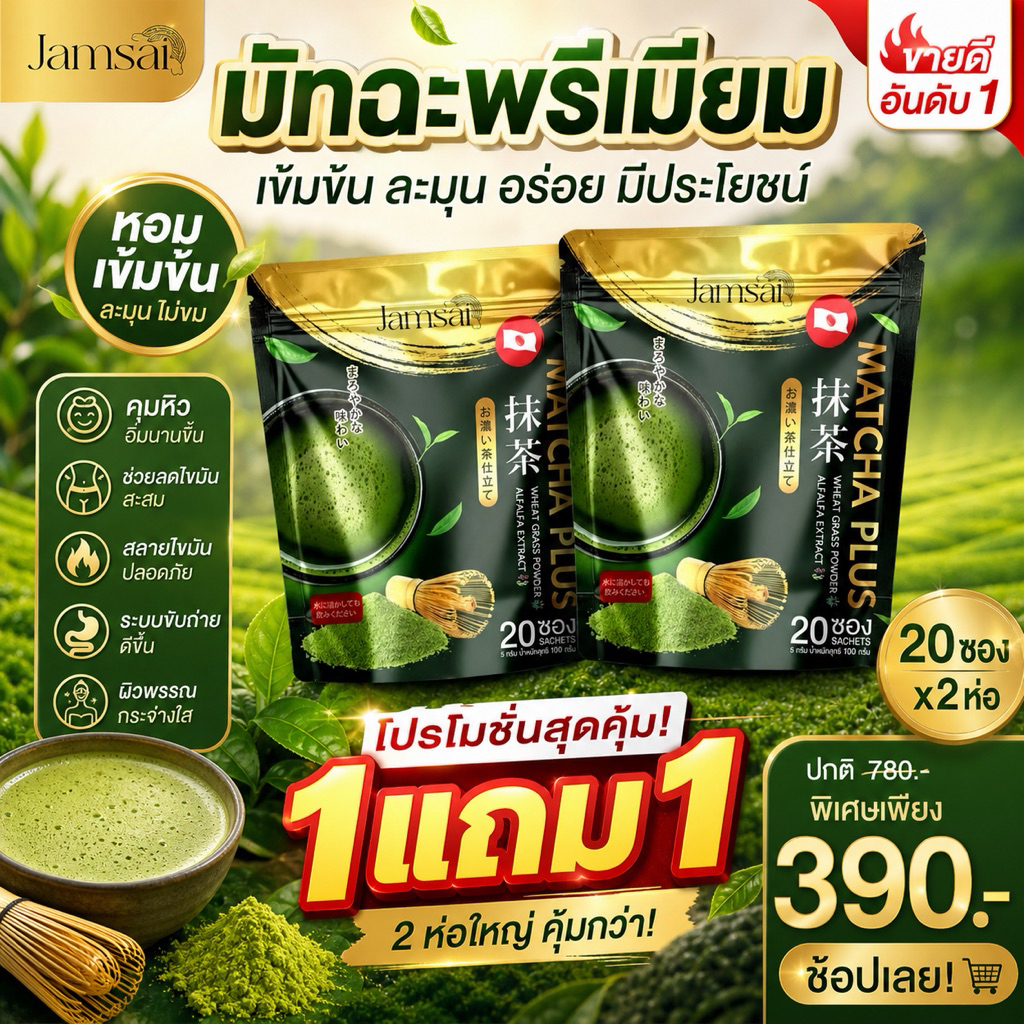 (🍃พร้อมส่ง | แท้💯) 1แถม1 ชาเขียว มัทฉะ แจ่มใส เพียวมัทฉะ Matcha plus  เกรดพรีเมียม เกรดญี่ปุ่น คุมหิว เร่งเผาผลาญ