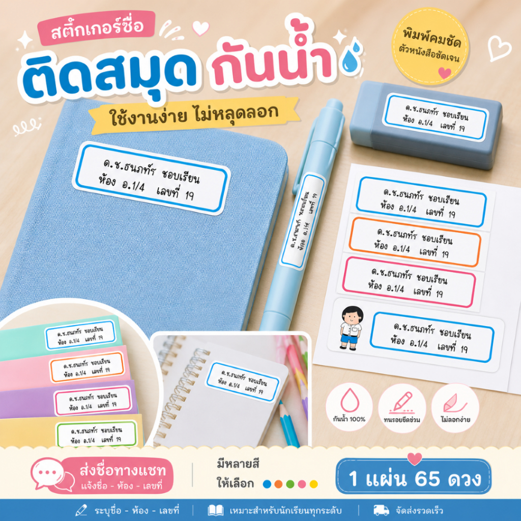 สติ๊กเกอร์ชื่อติดหนังสือ สมุด สมุดโน้ต สติ๊กเกอร์นักเรียน ป้ายชื่อนักเรียน ของใช้เด็ก ติดแน่น กันน้ำ sticker name 84ดวง