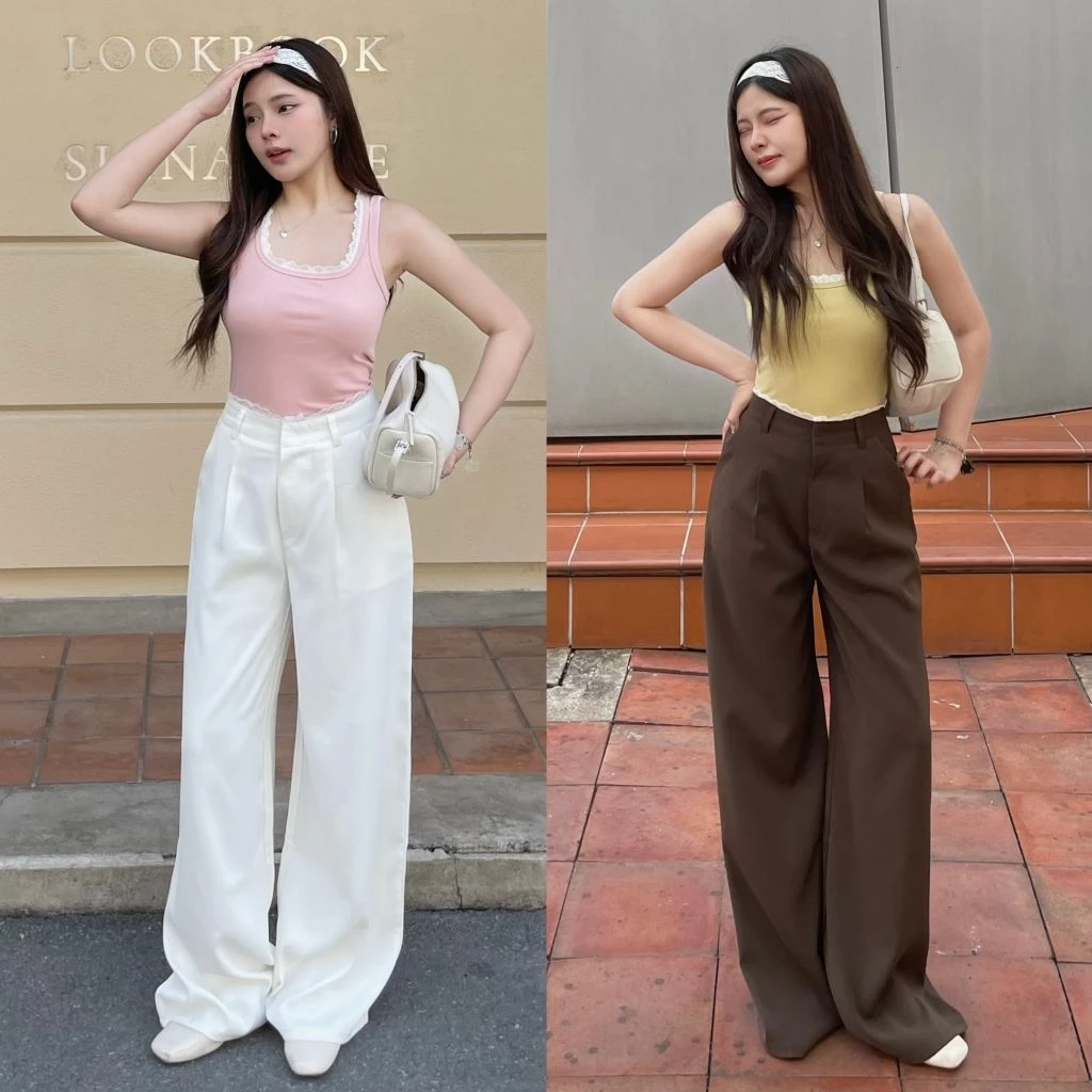 AURA PANTS กางเกงขากระบอกผ้าลิลลี่ แต่งขอบลูกไม้