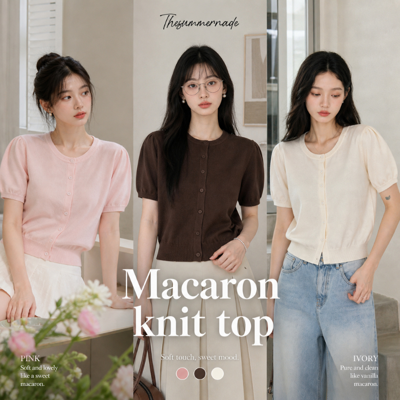Thesummernade Macaron knit top เสื้อไหมพรมแขนสั้น แขนพองคอกลม กระดุมหน้าสไตล์เกาหลีหวาน