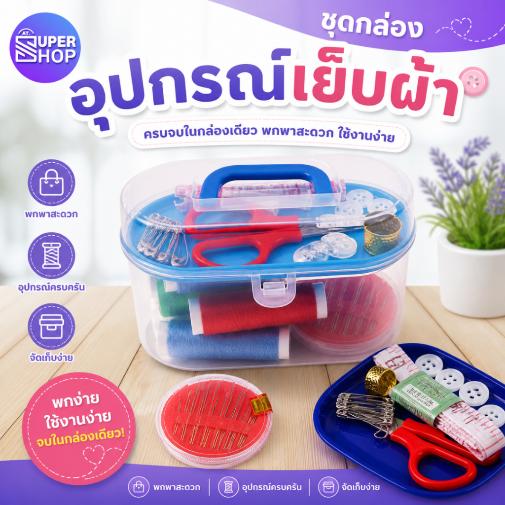 AT.Supershop ชุดเย็บผ้า ครบชุดขนาดพกพา ครบเซ็ตเย็บผ้า เข็มด้าย พร้อมกล่อง (คละสี) สินค้าพร้อมส่ง! รหัส 8008