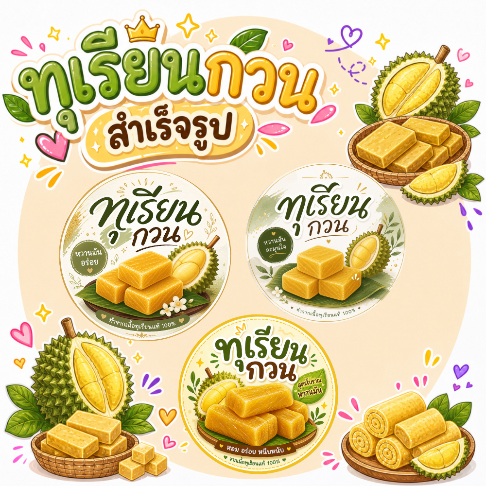 สติกเกอร์(สำเร็จรูป)โลโก้ทุเรียนกวน,ฉลากสินค้า(สำเร็จรูป) **กันน้ำ**