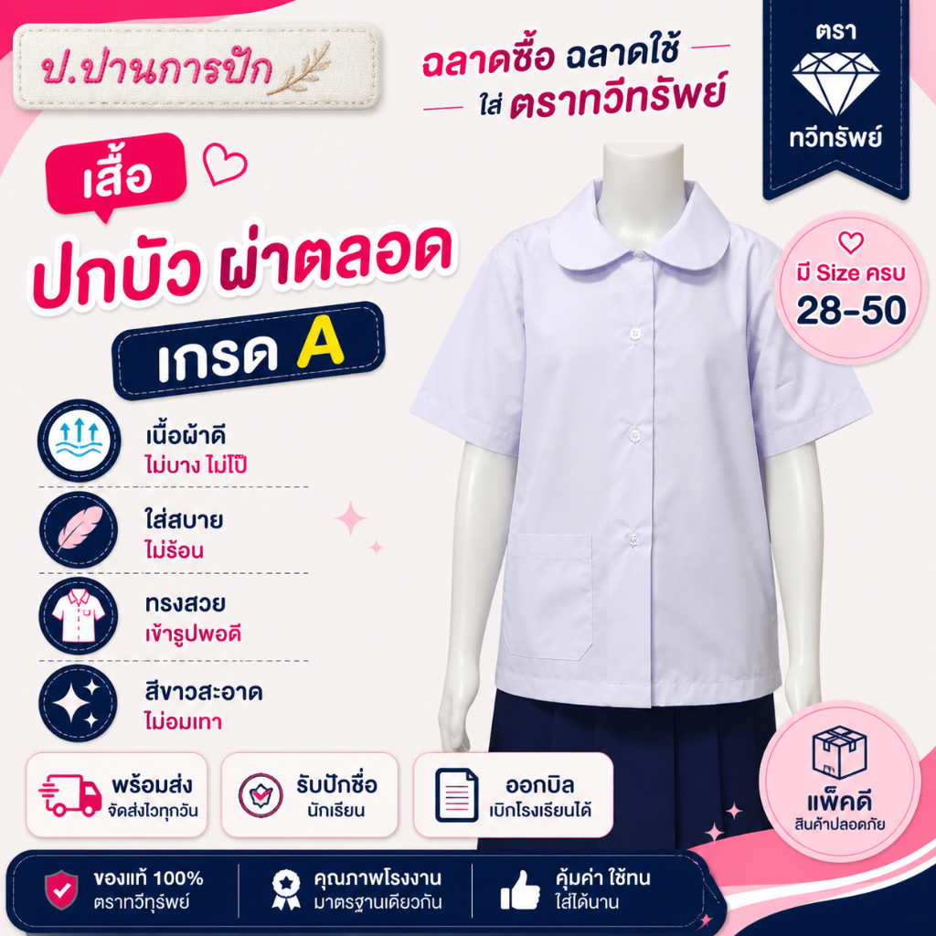 เกรด A เสื้อนักเรียนหญิง ปกบัว ผ่าตลอด ปักชื่อได้ บิลเบิกได้