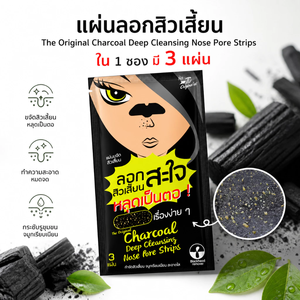 (ของแท้ / 1 ซองมี 3 แผ่น) แผ่นลอกสิวเสี้ยน The Original Charcoal Deep Cleansing Nose Pore Strips