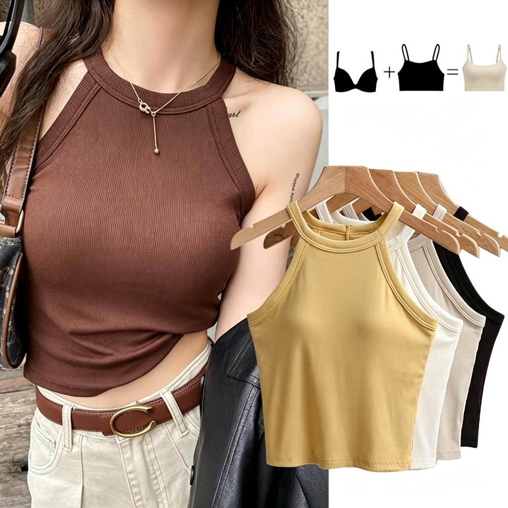 เสื้อสายเอี๊ยมผู้หญิง เสื้อแขนกุด สีพื้น เข้ารูป มีบราในตัว pure cotton#A61