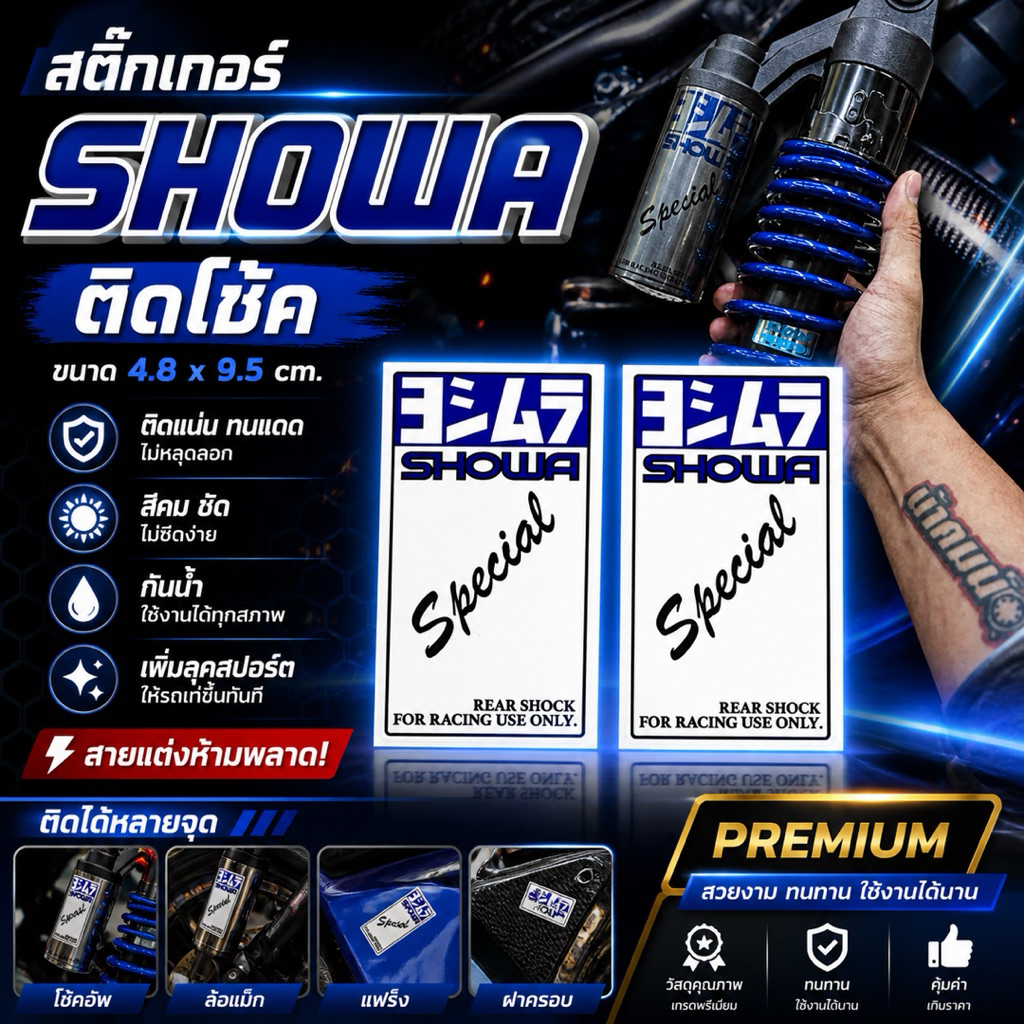 สติ๊กเกอร์ โช้ค SHOWA  สติ๊กเกอร์พื้นใส ขนาด 4.8x9.5cm. ราคาต่อ 1 คู่ #อ่านรายละเอียดขนาดก่อนสั่งซื้อ