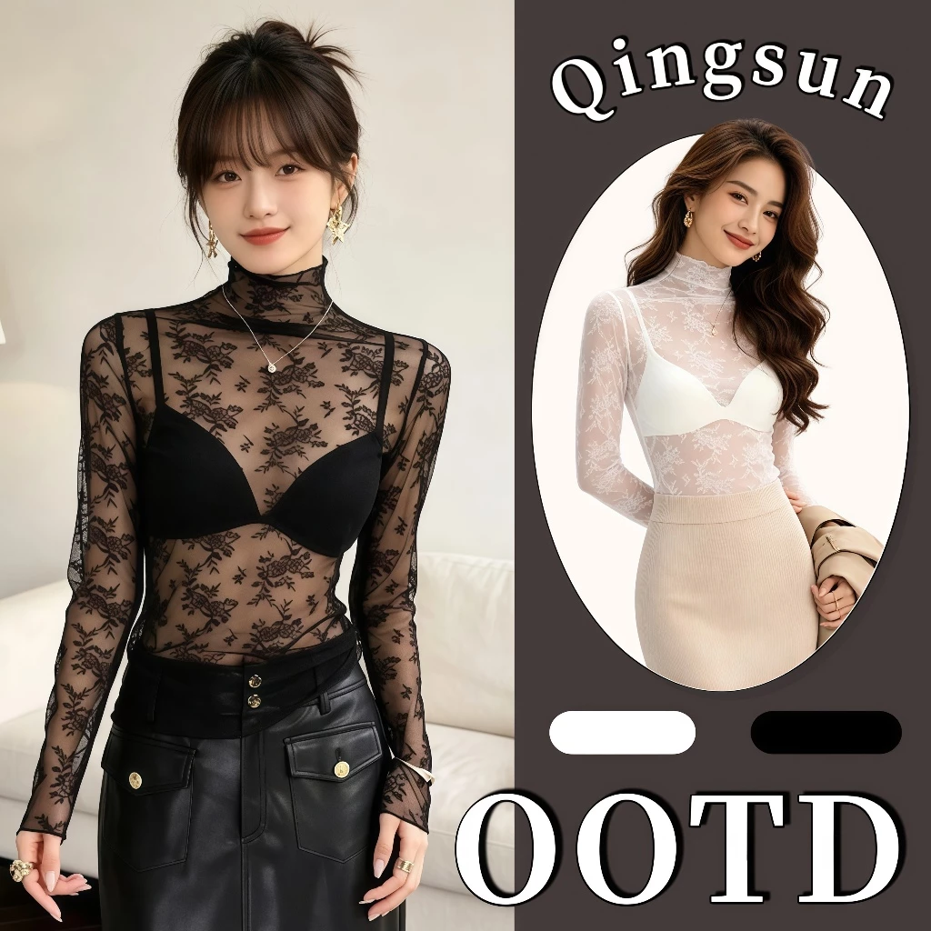 Qingsun เสื้อแขนยาวผ้าลูกไม้สำหรับผู้หญิง ทรงเข้ารูป คอเต่า ใส่แล้วดูผอมเซ็กซี่ เรียบหรู สไตล์ลำลอง FYC89-0