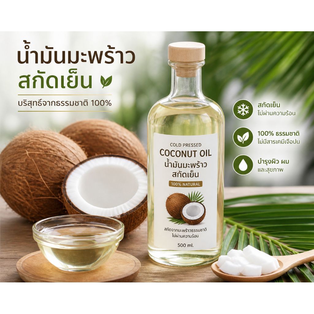 น้ำมันมะพร้าวสกัดเย็น 1000ml บริสุทธิ์จากธรรมชาติ เหมาะกับคีโต