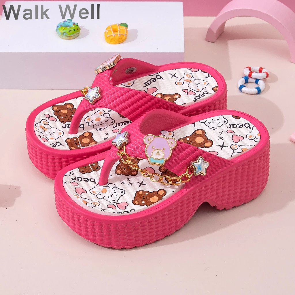 ✨พร้อมส่ง! WALK WELLฤดูร้อนสาว Flip Flop การ์ตูนหมีน้อยน่ารักรูปแบบดาวโซ่ตกแต่งวัสดุ EVA น้ำหนักเบาลื่นเล่นน้ำทนทาน