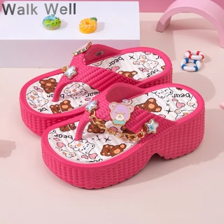 ✨พร้อมส่ง! WALK WELLฤดูร้อนสาว Flip Flop การ์ตูนหมีน้อยน่ารักรูปแบบดาวโซ่ตกแต่งวัสดุ EVA น้ำหนักเบาลื่นเล่นน้ำทนทาน