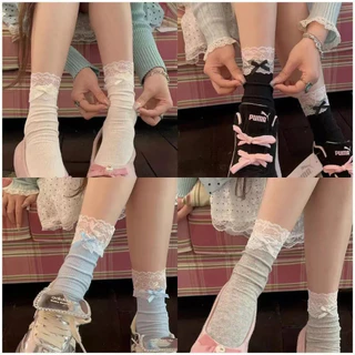 ส่งจากกรุงเทพ🧦 ถุงเท้ายาวปานกลางสตรี ถุงเท้าลูกไม้ผูกโบว์ เนื้อผ้านุ่ม ระบายอากาศได้ดี