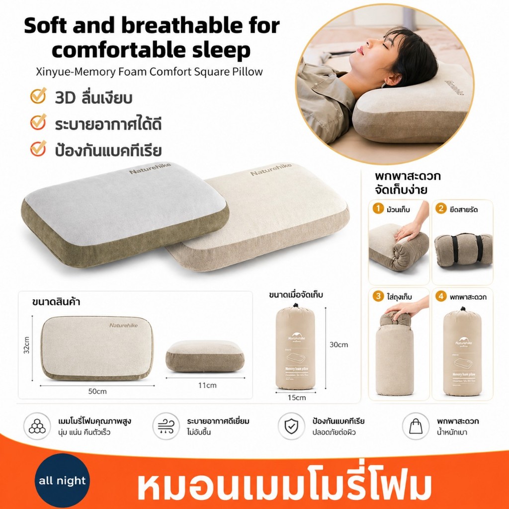 หมอนเมมโมรี่โฟม 3D รุ่น NH22ZT002 นุ่ม รองรับศีรษะได้ดี ทำความสะอาดง่าย