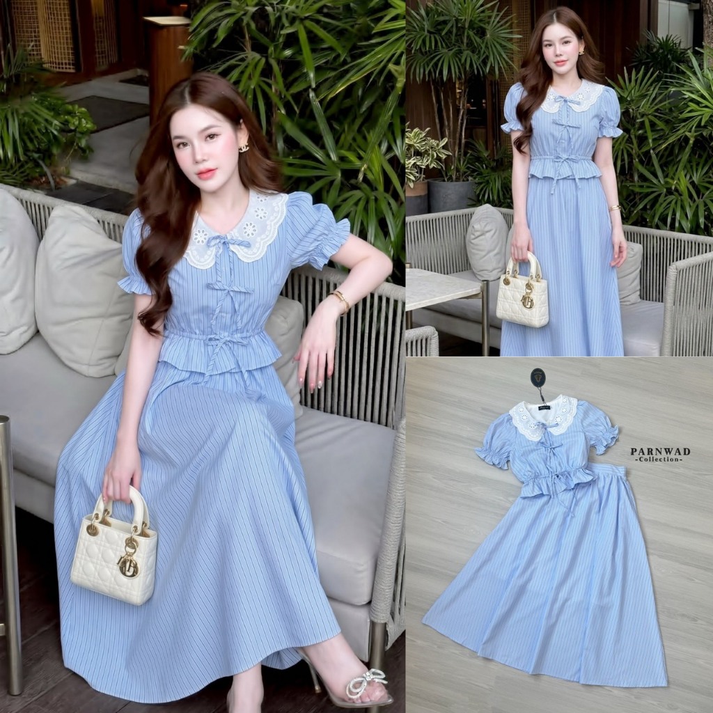Parnwad-7279-เกาหลีเกาใจสุดๆ  Set เสื้อลายริ้วแขนตุ๊กตา ปกลูกไม้เกาหลี ช่วงเอวจั๊มยางยืด กระดุมหน้าใช้งานได้จริง