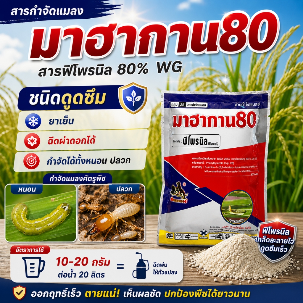มาฮากาน ฟิโพรนิล80% WG ( แบบเกล็ด 100g ) พิโพรนิล ใช้กำจัดแมลง ปลวก หนอนม้วนใบ หนอนกอ เพลี้ยไฟ