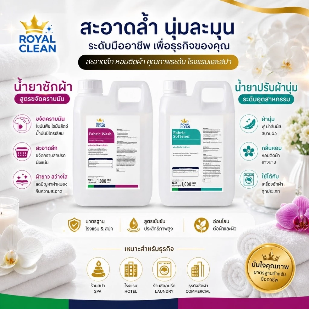 น้ำยาซักผ้าร้านสปา ร้านนวด โรงแรม ขจัดคราบน้ำมัน ลดกลิ่นหืน กลิ่นอับ ไม่ทำร้ายผ้า (1ลิตร) Royal Clean