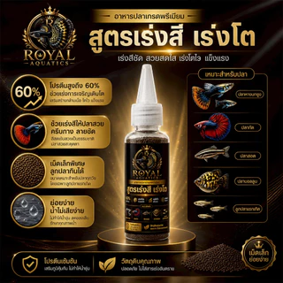 Royal Aquatics อาหารปลาหางนกยูง โปรตีน 60% สูตรเร่งสี เร่งโต เม็ดเล็กมาก ลูกปลากินได้ เกรดพรีเมียม