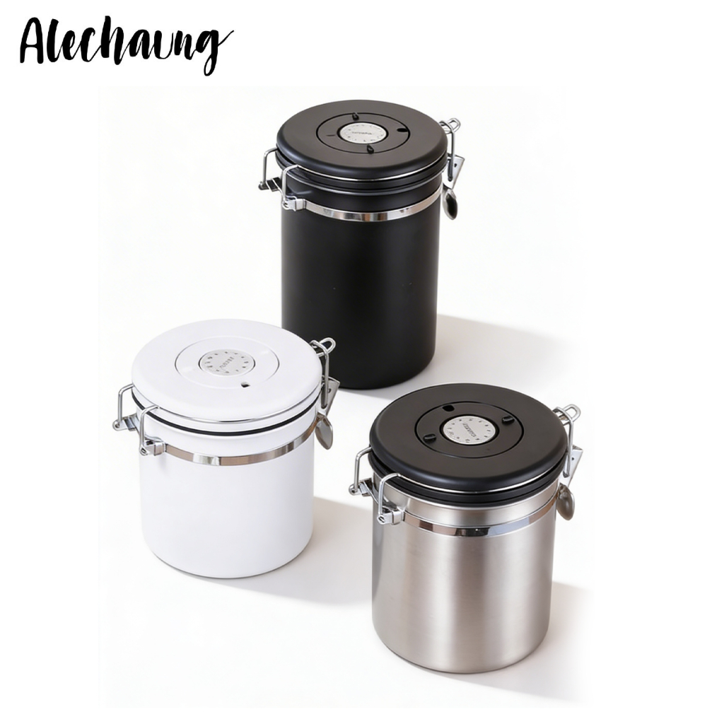 กระปุกเก็บเมล็ดกาแฟ กล่องเก็บเมล็ดกาแฟสแตนเลส Coffee Container 1.2L 1.5L 1.8L แถมช้อน ตั้งวันที่บนฝาได้ Alechaung coffee