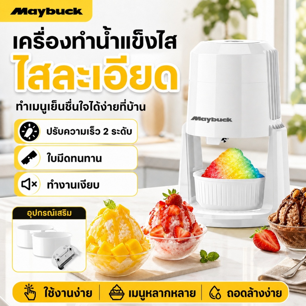 เครื่องขูดน้ำแข็งไฟฟ้า MBK แบรนด์ญี่ปุ่น ปรับความเร็ว 2 ระดับ ใบมีดสแตนเลส ทำงานเงียบ ใช้งานง่าย เหมาะใช้ในครัวเรือน