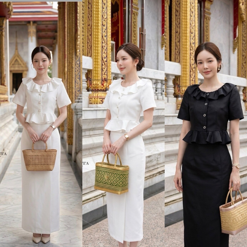 ชุดสีขาวแบบสุภาพ ชุดสีดำ เข้าวัดทำบุญ Stylista ST95196