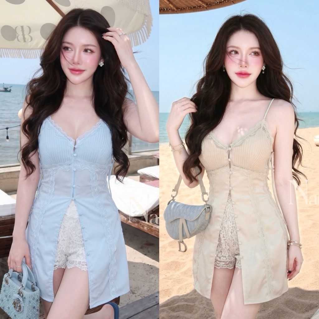 Natee SET (2)ชิ้น มินิเดรสสายเดี่ยวสีฟ้าพาสเทล ทรงสวย มาพร้อมกางเกงลูกไม้เนื้อนุ่ม