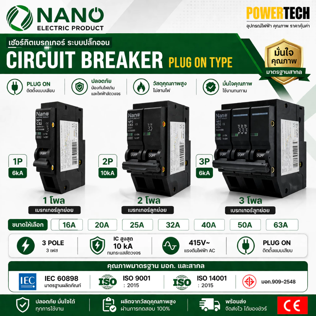 NANO PlugOn เซอร์กิต เบรกเกอร์ NP1 NP2 NP3 เบรคเกอร์ 1P 2P 3P 16A 32A 50A 63A PLUGON