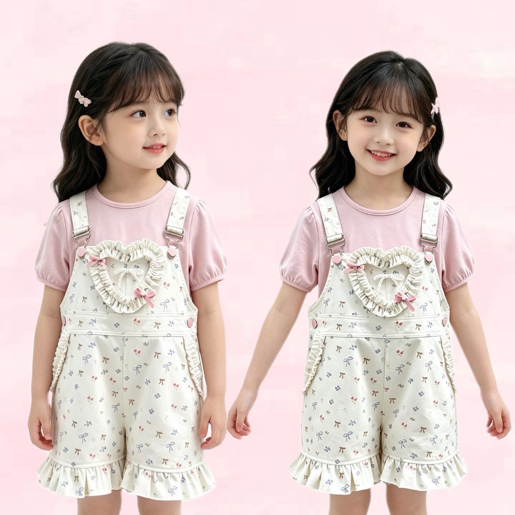 BB273 ชุดเอี๊ยมเด็กผู้หญิง ลายโบว์หัวใจ เสื้อชมพูหวาน น่ารักสไตล์เกาหลี
