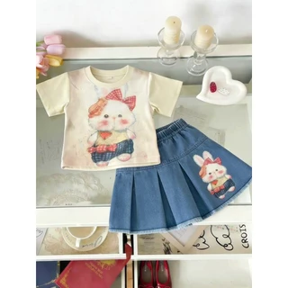 BB277 ชุดเด็กผู้หญิง เสื้อกระต่ายสุดคิ้วท์ + กระโปรงยีนส์พลีท(8685)