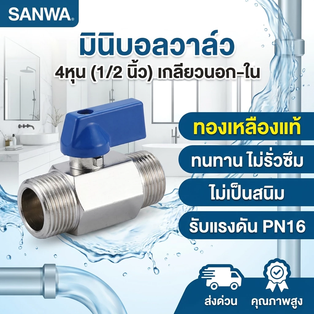มินิบอลวาล์ว (ผม.) 1/2 นิ้ว (4หุน) ซันวา SANWA Mini Ball Valve (MF) 1/2" (เกลียวนอก-ใน)