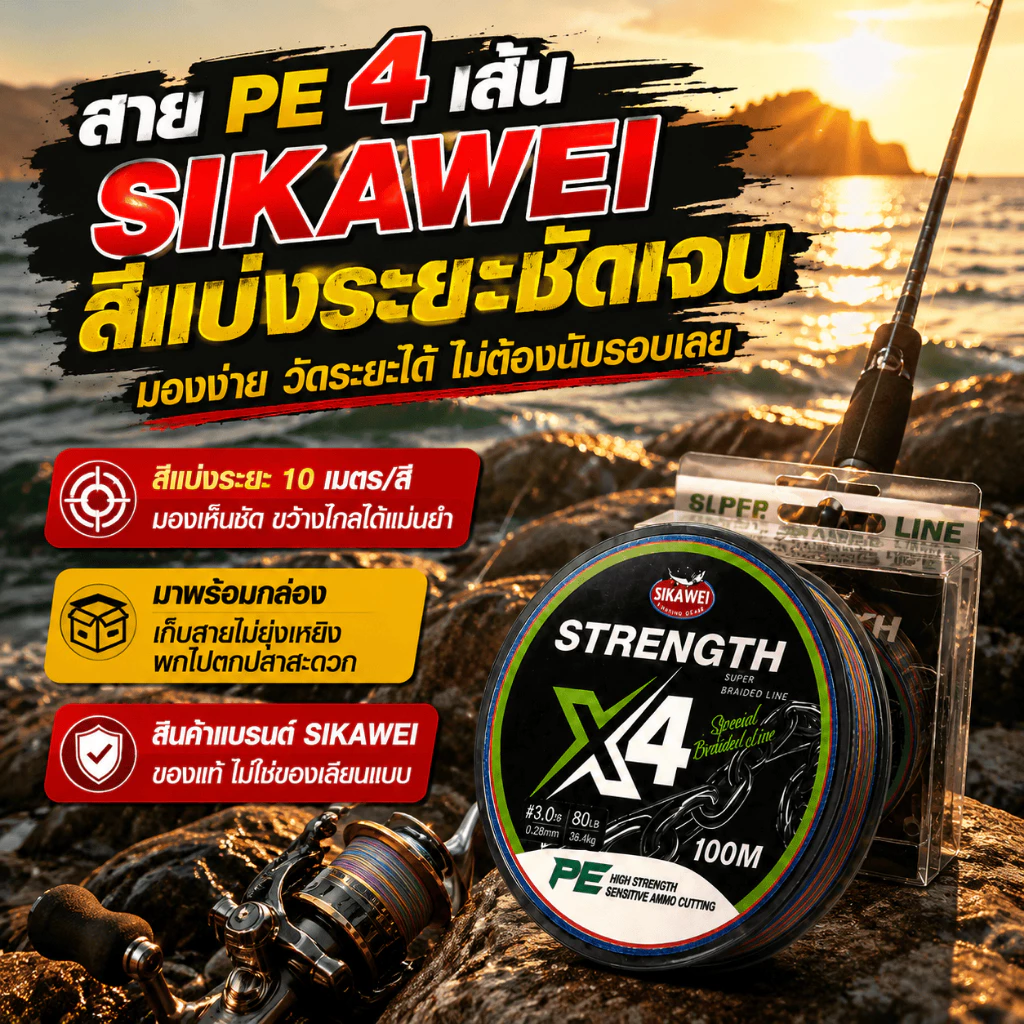 สาย PE 4 เส้น SIKAWEI X4 100M สายปลา ความแข็งแรงสูง ตัดน้ำได้ดี สำหรับ Lure Jigging ตกปลาทะเล