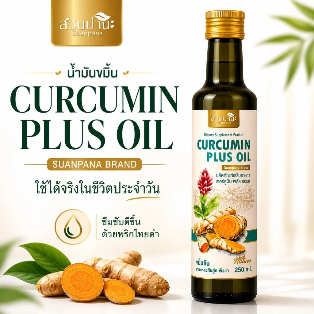 Curcumin Plus Oil น้ำมันขมิ้น สูตรน้ำมันมะพร้าว + พริกไทยดำ ทานง่าย ใช้ทำอาหารได้ 250 ml. สวนปานะ